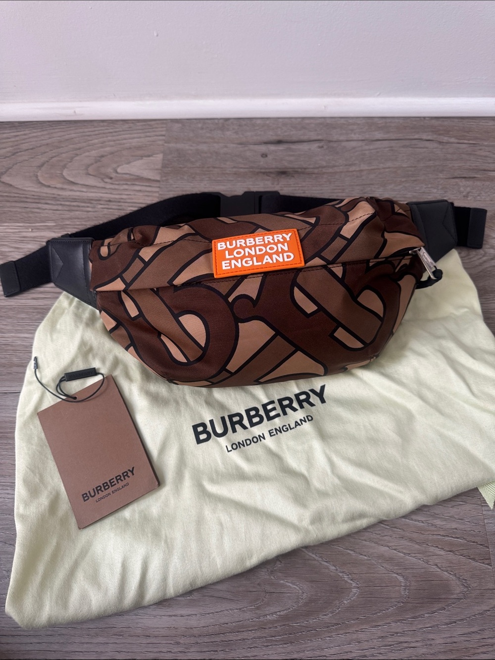 Burberry Brown Monogram Belt Bag with Orange Logo Patch